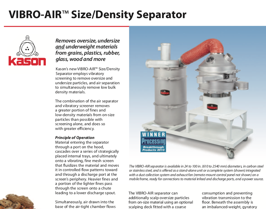 VIBRO-AIR Size/Density Separator